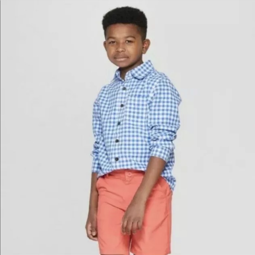 Boys' Poplin Check L/S Button-Down Shirt NWT Husky